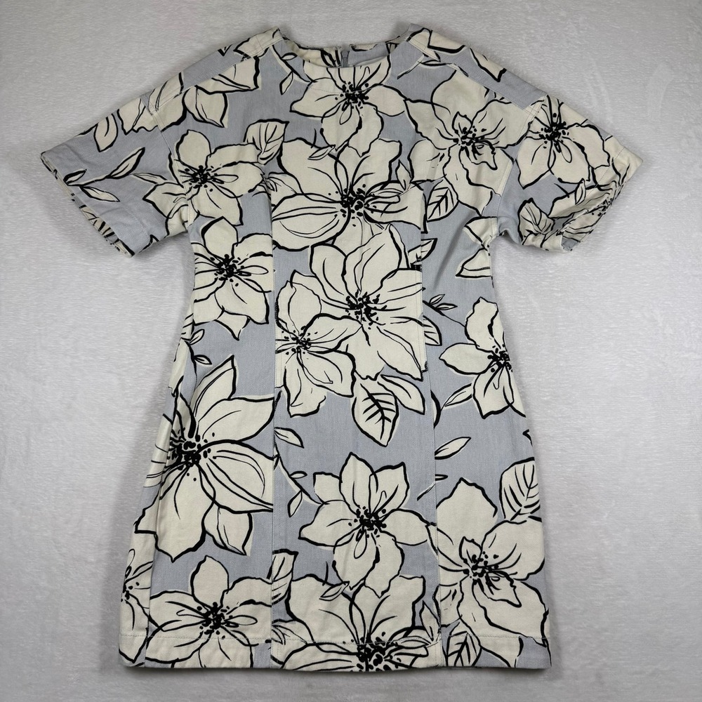 Dhruv Kapoor Womens Floral Cotton Denim Shift Mini Dress Blue White XS